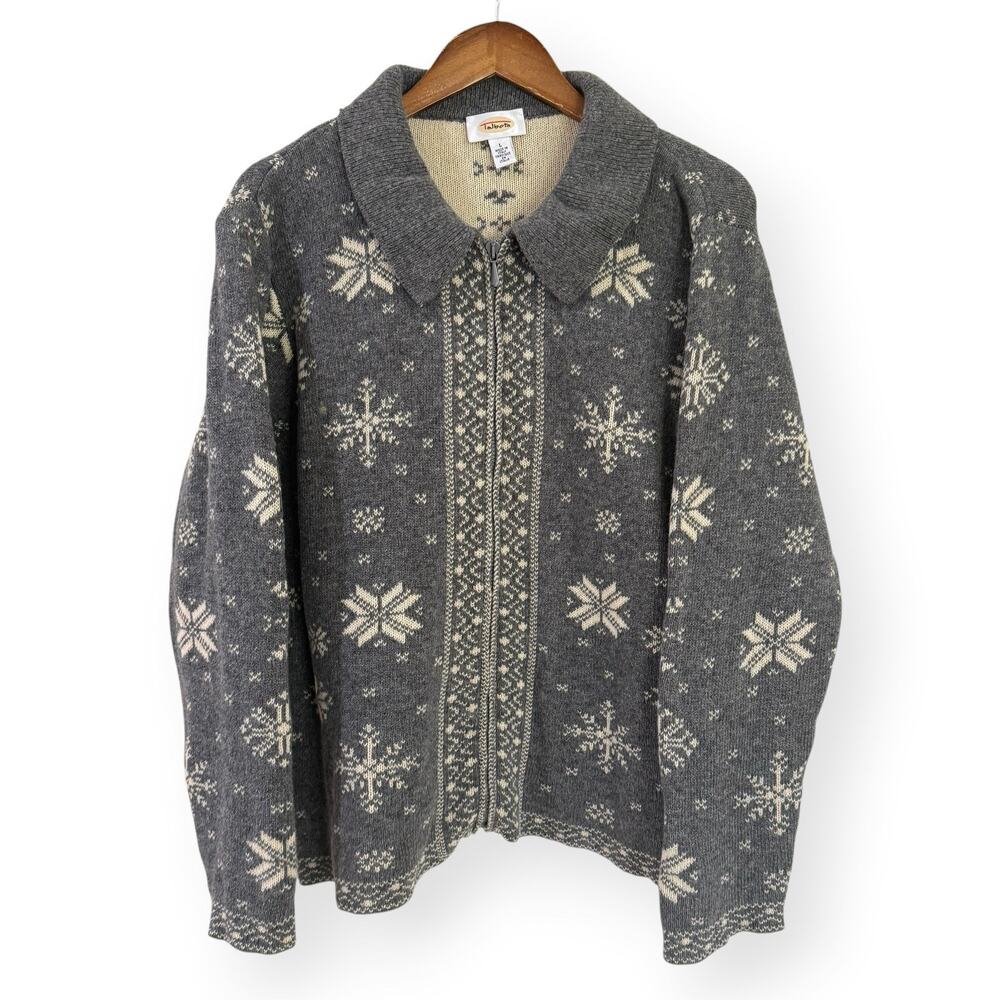 Vintage Talbots Italian Wool Zip Up Sweater Cardigan Large Gray Ivory Snowflake